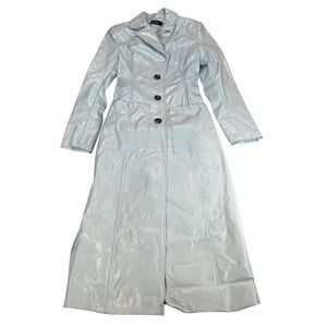 Akira Womens Light Blue Metallic Faux Leather Long Trench Coat Size M Matrix Y2K